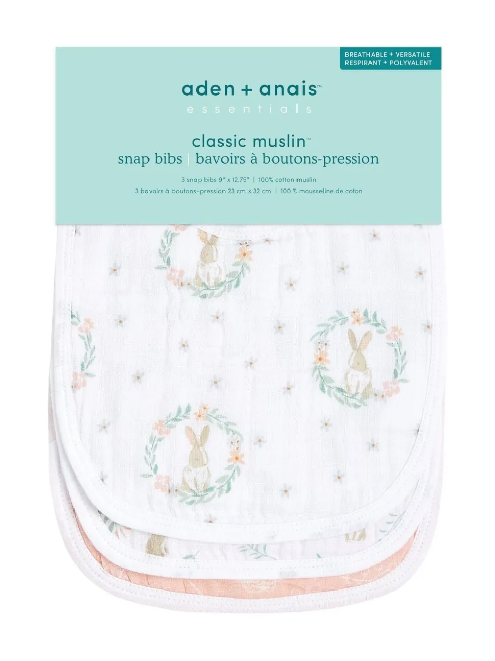 Aden + Anais essentials 100% katoenen mousseline slabbetjes met drukknoop en konijnen, verpakking van 3