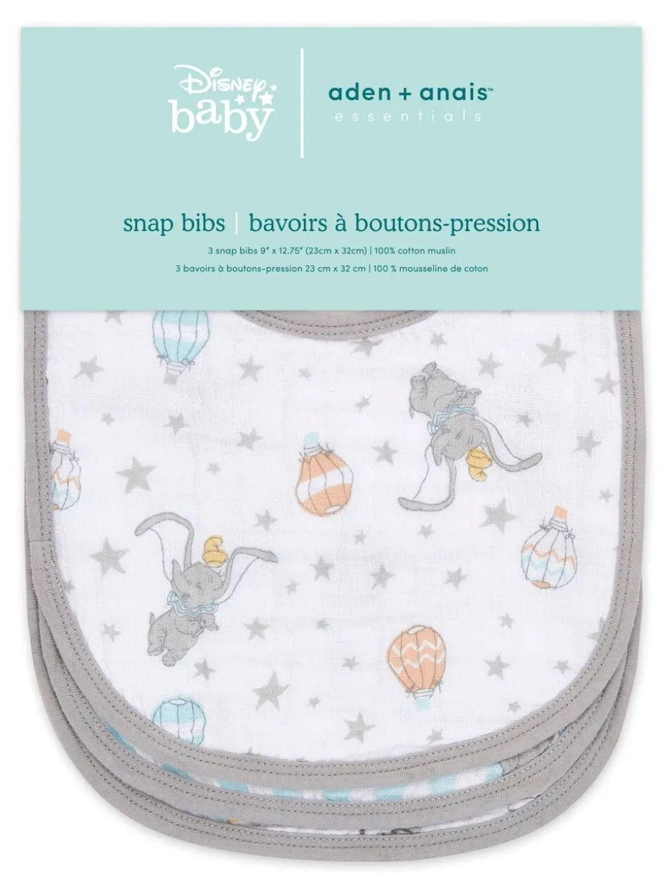 aden + anais Essentials Muslin Snap Dumbo verpakking van 3 100% katoenen mousseline babyslabbetjes met drukknoop