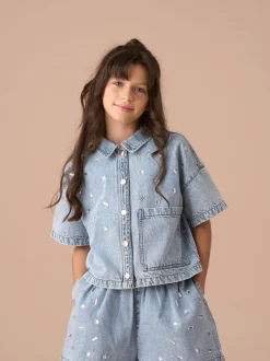 Angel & Rocket Zeta Diamonte 100% katoenen denim overhemd met korte mouwen