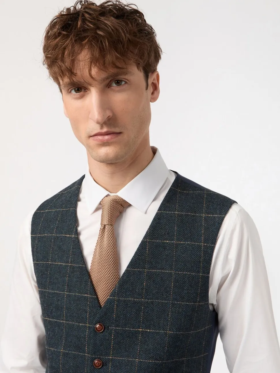 Antique Rogue Dax blauwgroen geruit gilet met visgraatmotief