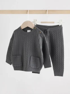 Antraciet - Babyset met gebreide trui en legging van 100% katoen met textuur (0mnd -3jr)