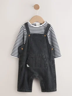 Antraciet - Babyset van denim bretelbroeken en bodysuit (0 mnd - 2 jr)