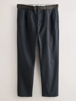 Antraciet - Belted Soft Touch Pleated Chino Trousers