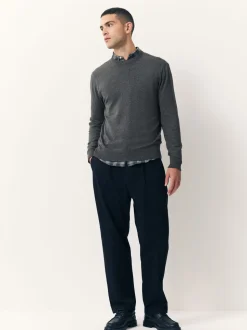 Antraciet - Effen - Regular Fit Cotton Rich Crew Neck Jumper