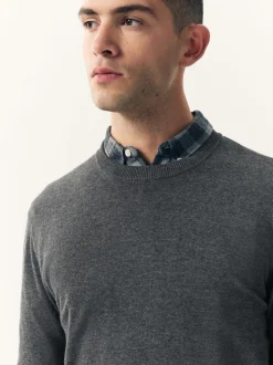 Antraciet - Effen - Regular Fit Cotton Rich Crew Neck Jumper