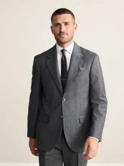 Antraciet - Regular Fit Signature Marzotto 100% Italian Wool Herringbone Suit Jacket