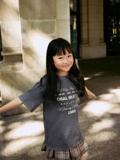 Antraciet - Set van oversized T-shirt en geruite rok (3-16jr)