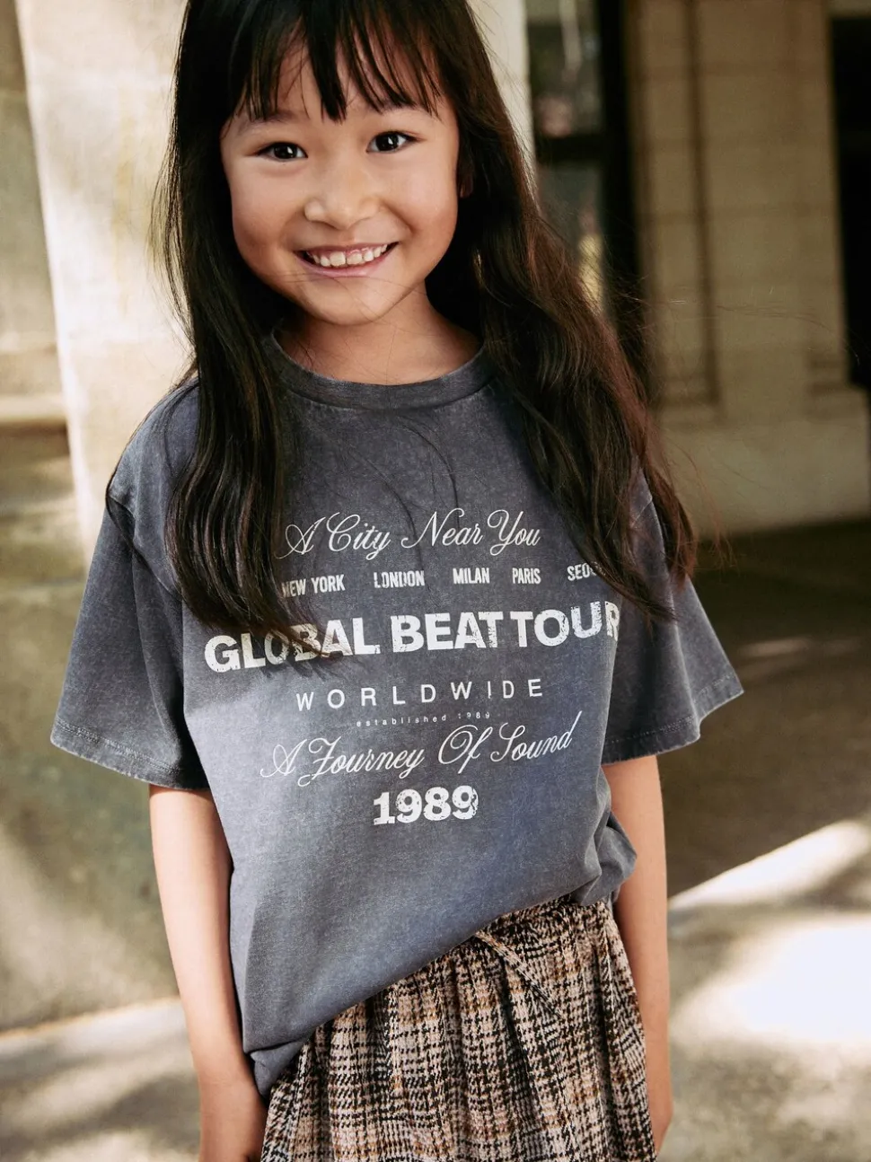 Antraciet - Set van oversized T-shirt en geruite rok (3-16jr)