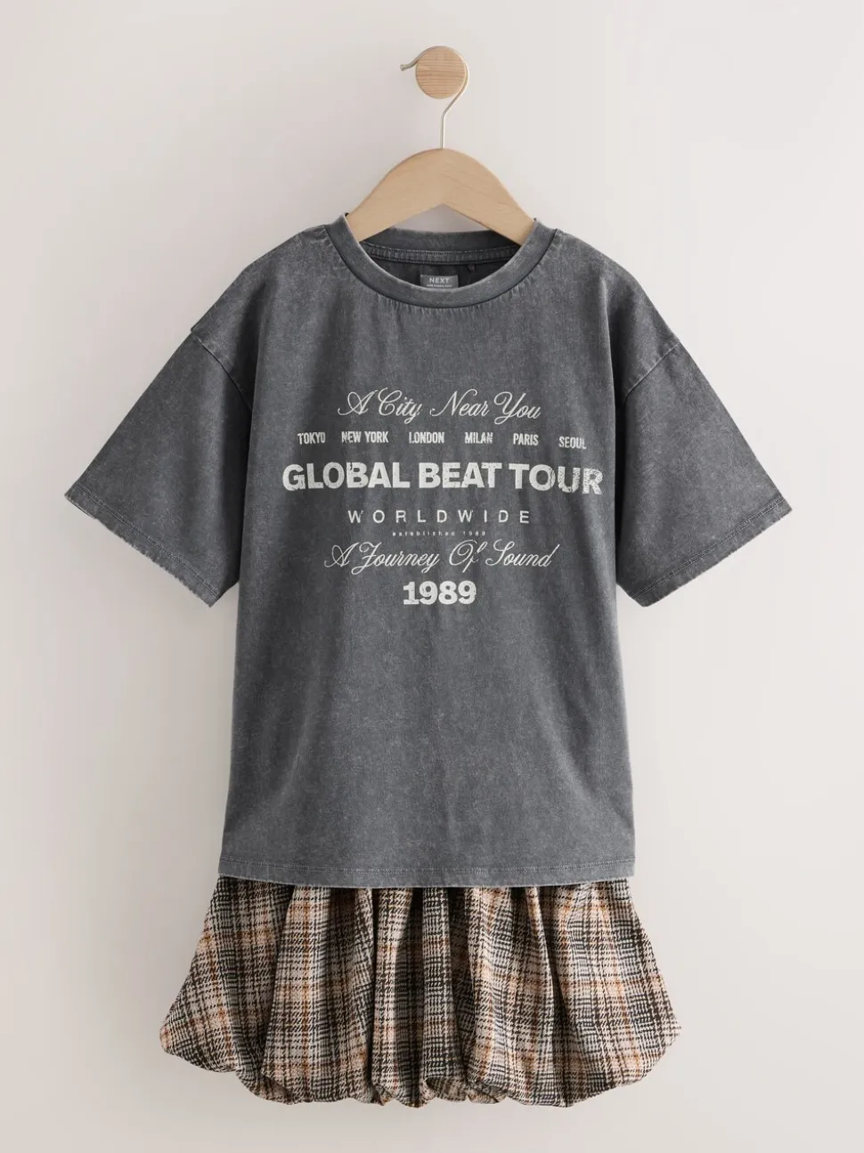 Antraciet - Set van oversized T-shirt en geruite rok (3-16jr)