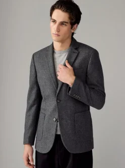 Antraciet - Slim Fit - Blazer met visgraatmotief en hoog wolgehalte