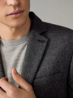 Antraciet - Slim Fit - Blazer met visgraatmotief en hoog wolgehalte