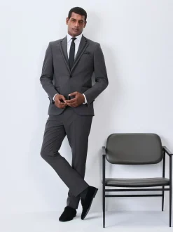 Antraciet - Strakke Pasvorm - Inset Lapel Detail Tuxedo Suit Jacket