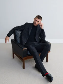 Antraciet - Tailored Fit Signature Empire Mills 100% British Wool Stripe Suit Jacket