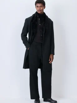 Antraciet - Wool Rich Check Epsom Coat With Fur Trim Lapel