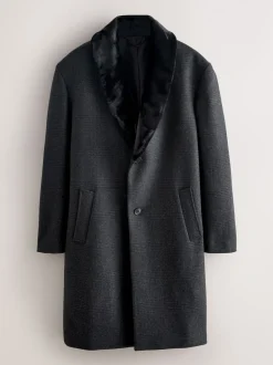 Antraciet - Wool Rich Check Epsom Coat With Fur Trim Lapel