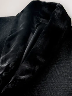 Antraciet - Wool Rich Check Epsom Coat With Fur Trim Lapel