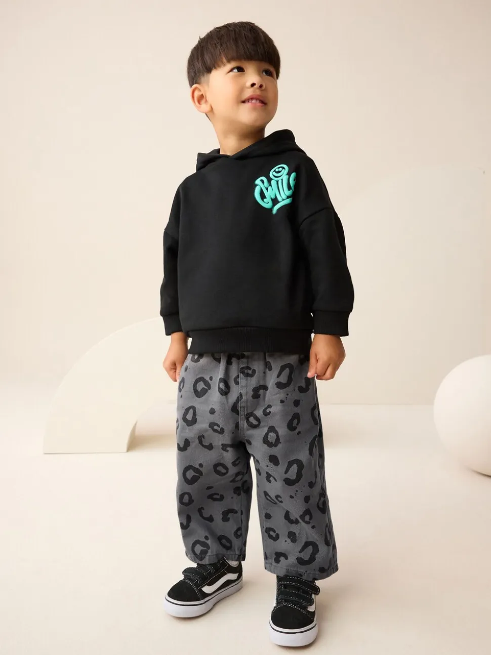 Antracietgrijs luipaardprint - Wijde broek met elastische taille (3mnd-7jr)