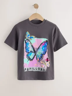 Antracietgrijs vlinder - Sequin Oversized T-Shirt (3-16yrs)