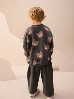 Antracietgrijze beer all-over print - Set met sweatshirt en joggingbroek met strepen (3mnd-7jr)