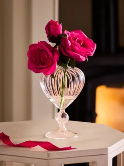 Artificial Roses in Ribbed Heart Glass Vase