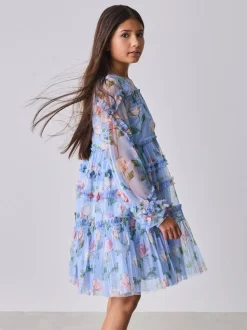 Baker by Ted Baker Blue Floral Mesh Ruffle Dress