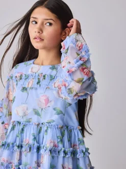 Baker by Ted Baker Blue Floral Mesh Ruffle Dress