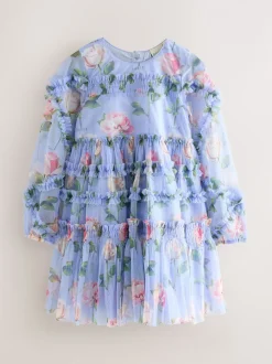 Baker by Ted Baker Blue Floral Mesh Ruffle Dress