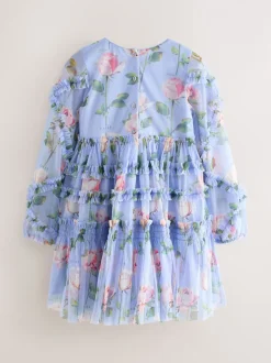 Baker by Ted Baker Blue Floral Mesh Ruffle Dress
