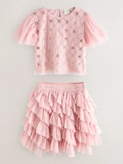 Baker by Ted Baker Pink 2 Piece Sequin Mesh Top & Ruffle Tier Skirt Set