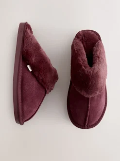 Bessenrood - Met imitatiebont gevoerde suède pantoffelmuiltjes