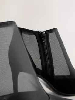 Black Mesh Detail - Pointed Toe T-Bar Ankle Boots