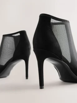 Black Mesh Detail - Pointed Toe T-Bar Ankle Boots