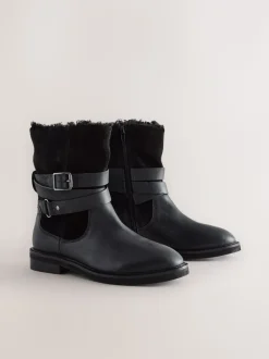 Black Oiled Leather - Forever Comfort® Borg Lined Buckle Trim Ankle Boots