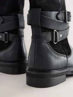 Black Oiled Leather - Forever Comfort® Borg Lined Buckle Trim Ankle Boots