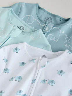 Blauw - Baby Linear Elephant Sleepsuits 3 Pack (0-2yrs)