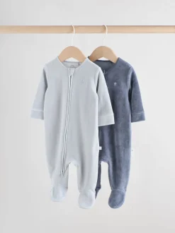 Blauw - Baby Velour Two Way Zip Sleepsuits 2 Pack (0mths-2yrs)