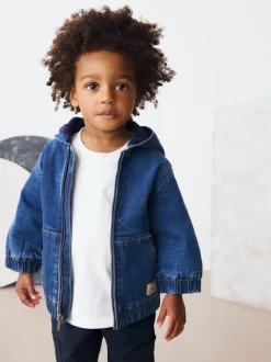 Blauw - Borg gevoerd denim overshirt met capuchon en rits (3mnd-7jr)