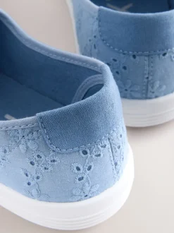 Blauw - Geborduurde veterloze canvas instapsneakers