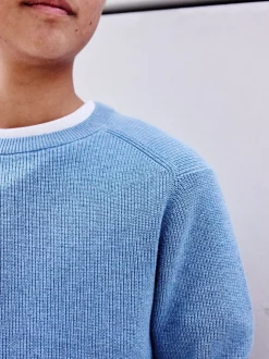 Blauw - Gebreide katoenen trui met ronde hals (3-16jr)