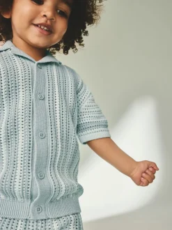Blauw - Gehaakte gebreide set van overhemd met korte mouwen en shorts (3mnd -10jr)