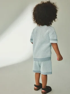 Blauw - Gehaakte gebreide set van overhemd met korte mouwen en shorts (3mnd -10jr)