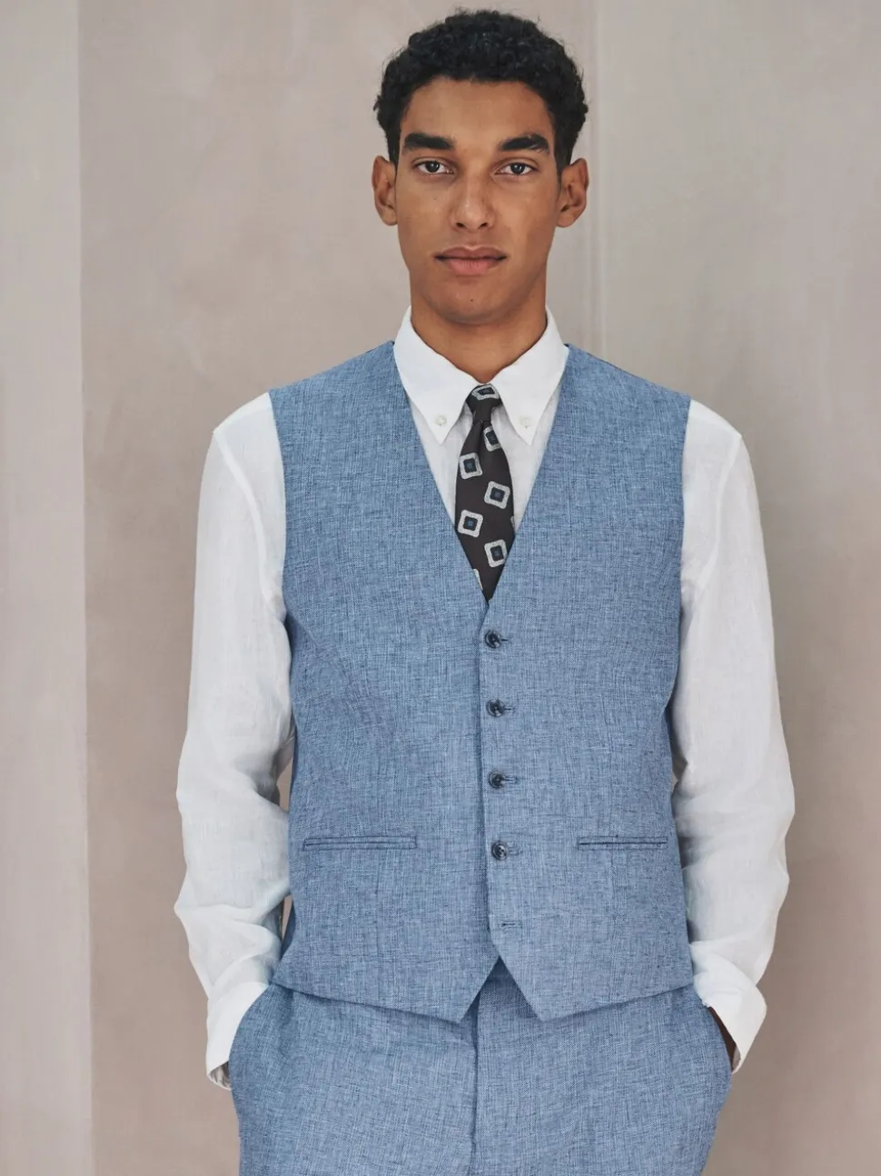 Blauw - Gilet van linnenmix met textuur