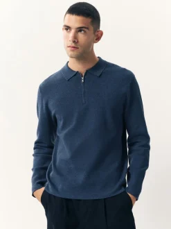 Blauw - Half met rits - Regular Fit Premium Mid Weight Long Sleeve Knit Polo Shirt