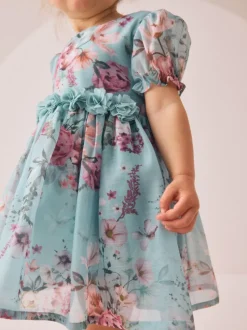 Blauw - Jurk met bloemencorsage (3mnd -8jr)