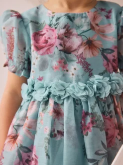 Blauw - Jurk met bloemencorsage (3mnd -8jr)