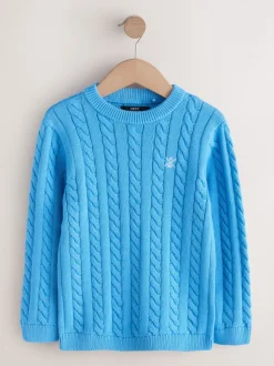Blauw - Kabeltrui met ronde hals (3-16jr)