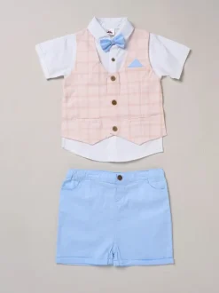 Blauw - Little Gent 100% Cotton Shirt with Mock Waistcoat Shorts and Bowtie Outfit Set