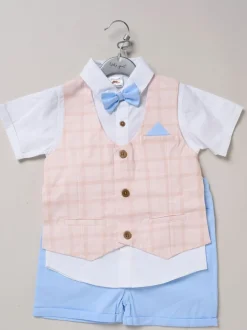 Blauw - Little Gent 100% Cotton Shirt with Mock Waistcoat Shorts and Bowtie Outfit Set