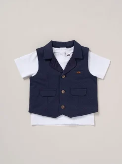Blauw - Little Gent 100% Cotton Shirt, Waistcoat & Shorts Set