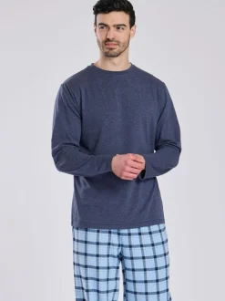 Blauw - Loungeable Pyjama's Set van jersey top en geborstelde Ruit Broeken